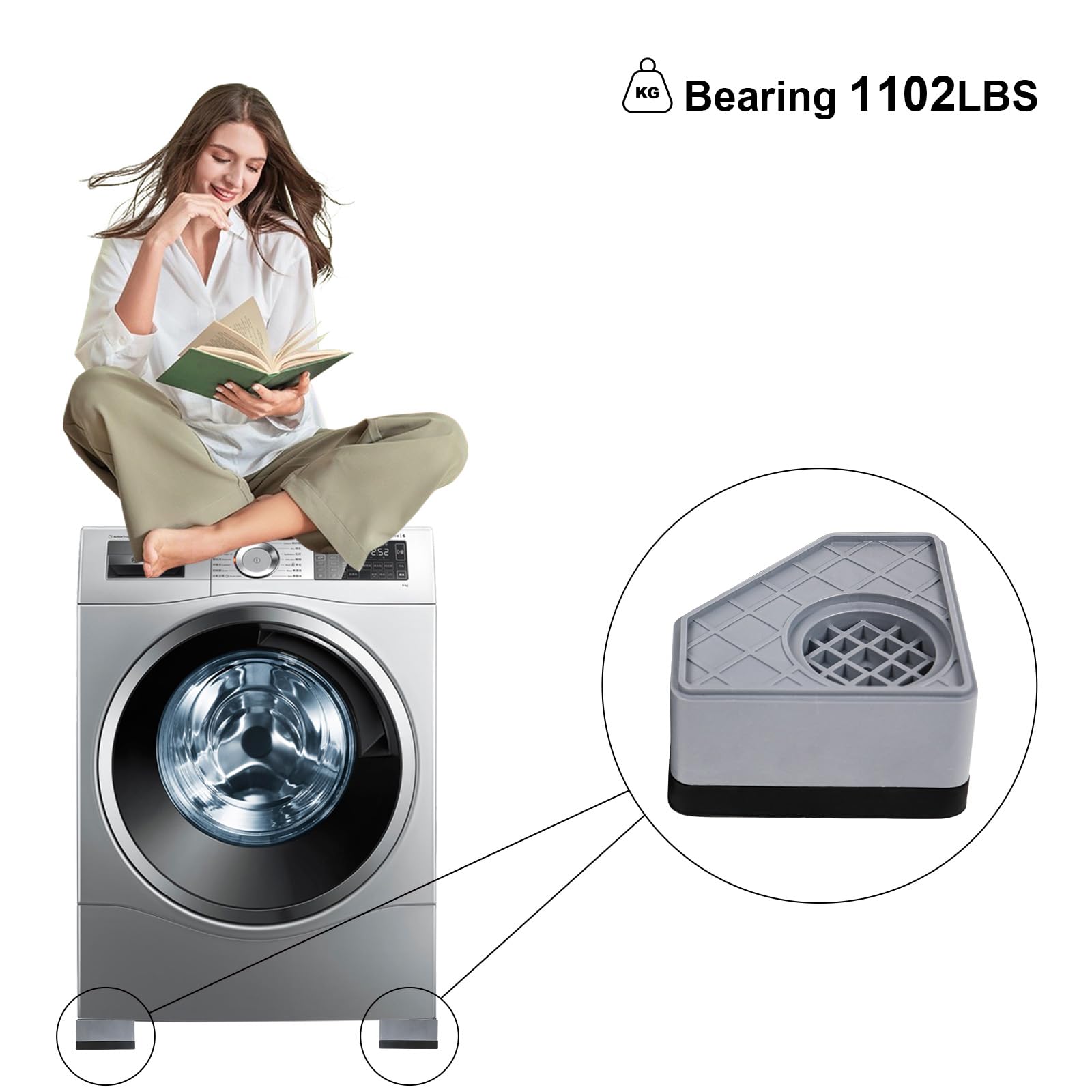 4Pcs Anti Vibration Pads for Washing Machine, Stops Washer Dryer Moving, Prevents Noise, Vibration Transfer, Antivibration Stabilizer Support Feet (Increase1.8in)