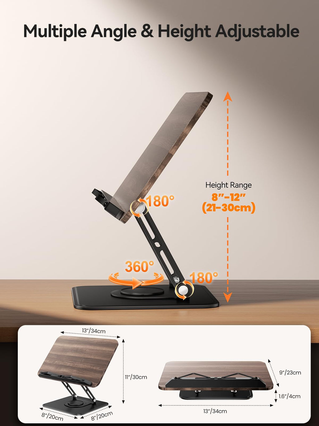 Tounee Book Stand, 360° Rotating Reading Book Holder, Adjustable Cookbook Holder for Reading Hands-Free, Foldable Desktop Recipe Book Stand with Protective Page Clips, Fits All Books - Black
