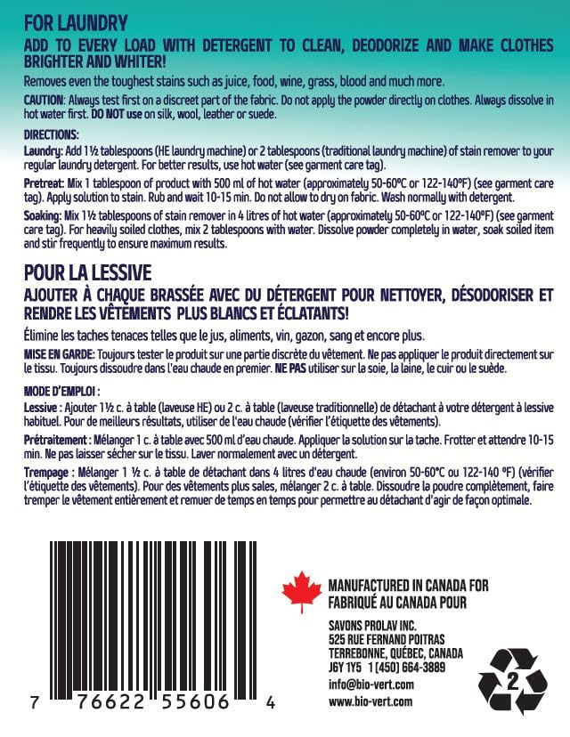 Biovert Stain Remover Powder, Biodegradable Formula & ECOLOGO Certified, Oxygen-Powered Formula, Tough on Stains, Gentle on Fabrics, Made in Canada, Fragrance Free, Safe for HE Washers, 600 g