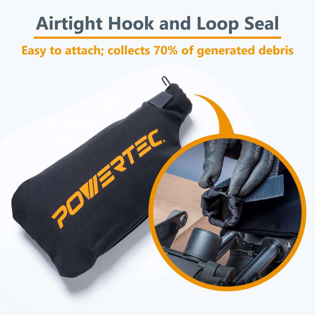 POWERTEC Miter Saw Dust Collector Bag for 7-1/4", 8-1/2" Miter Saw, Fits Nominal 1-1/2" Dust Ports, Hook and Loop Dust Bag w/Zipper, Wired Adjustable Stand Miter Saw Accessories (75081)