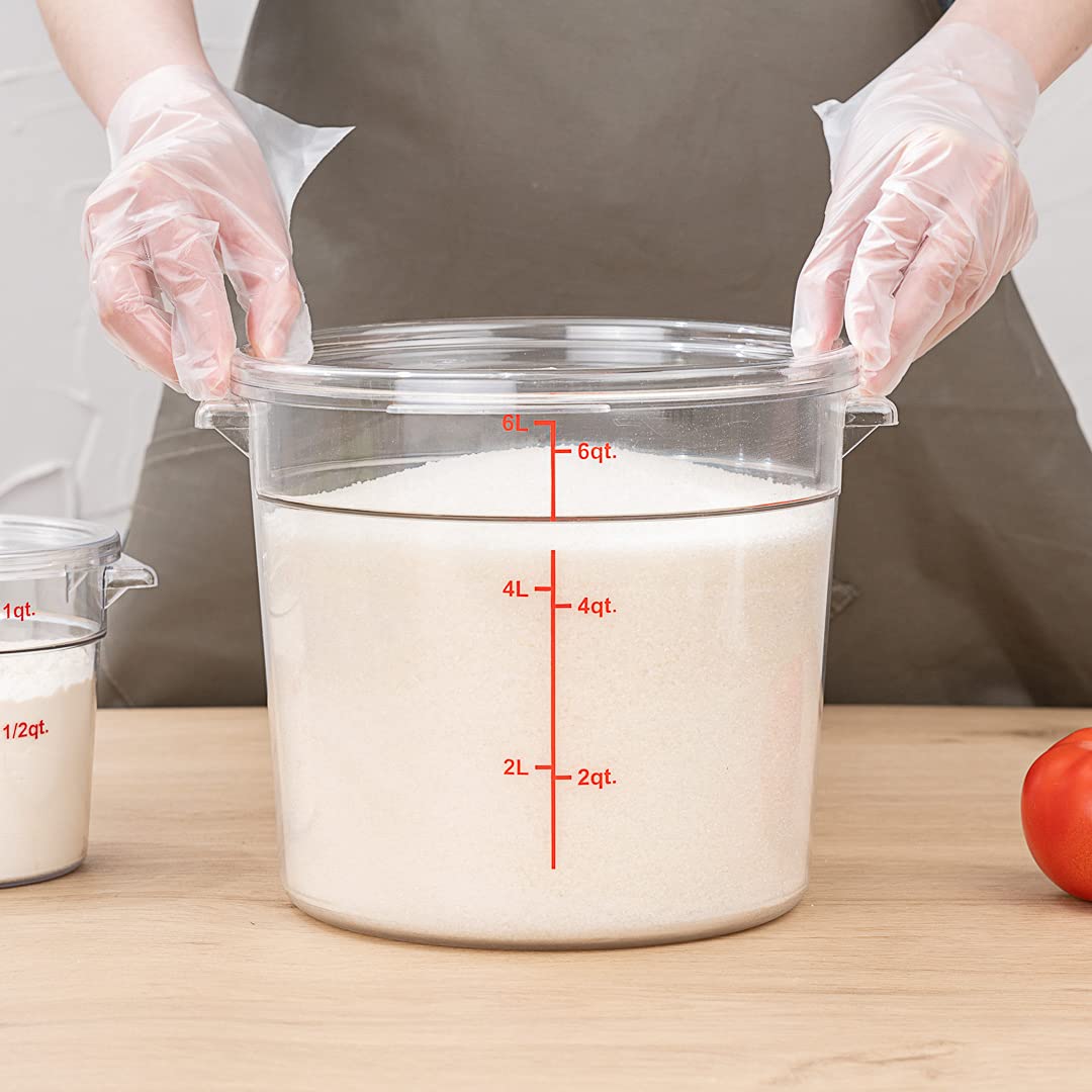 Restaurantware-Met Lux 6 Quart Food Storage Container, 1 Round Commercial Storage Container - Lid Sold Separately, with Volume Markers, Clear Plastic Food Prep Bucket, Space-Saving Storage