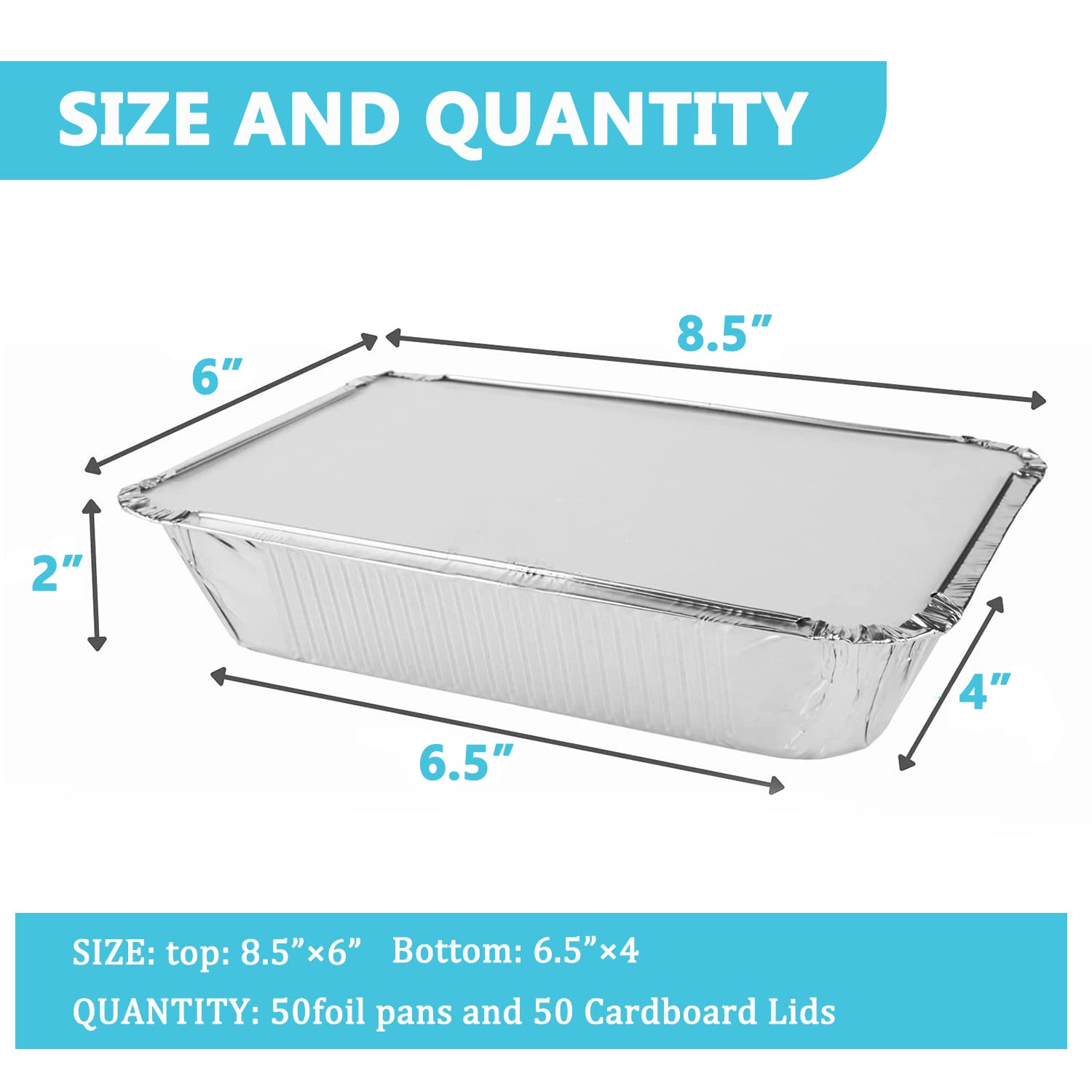 Aluminum Pans Disposable Food Containers with Lids - 50 Containers and 50 Lids - 2 LB Heavy Duty Tin Foil Pans for Cooking, Baking, Meal Prep, Takeout - 8.5"×6"×2" (50 Pack)