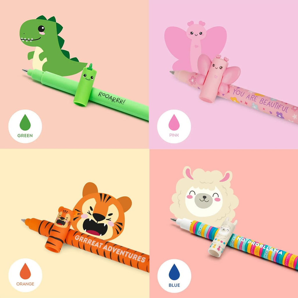 Legami Erasable Gel Pens Set of 10 Farm Animals Hippo Tiger Butterfly Dinosaur Llama Penguin Various Writing Colours