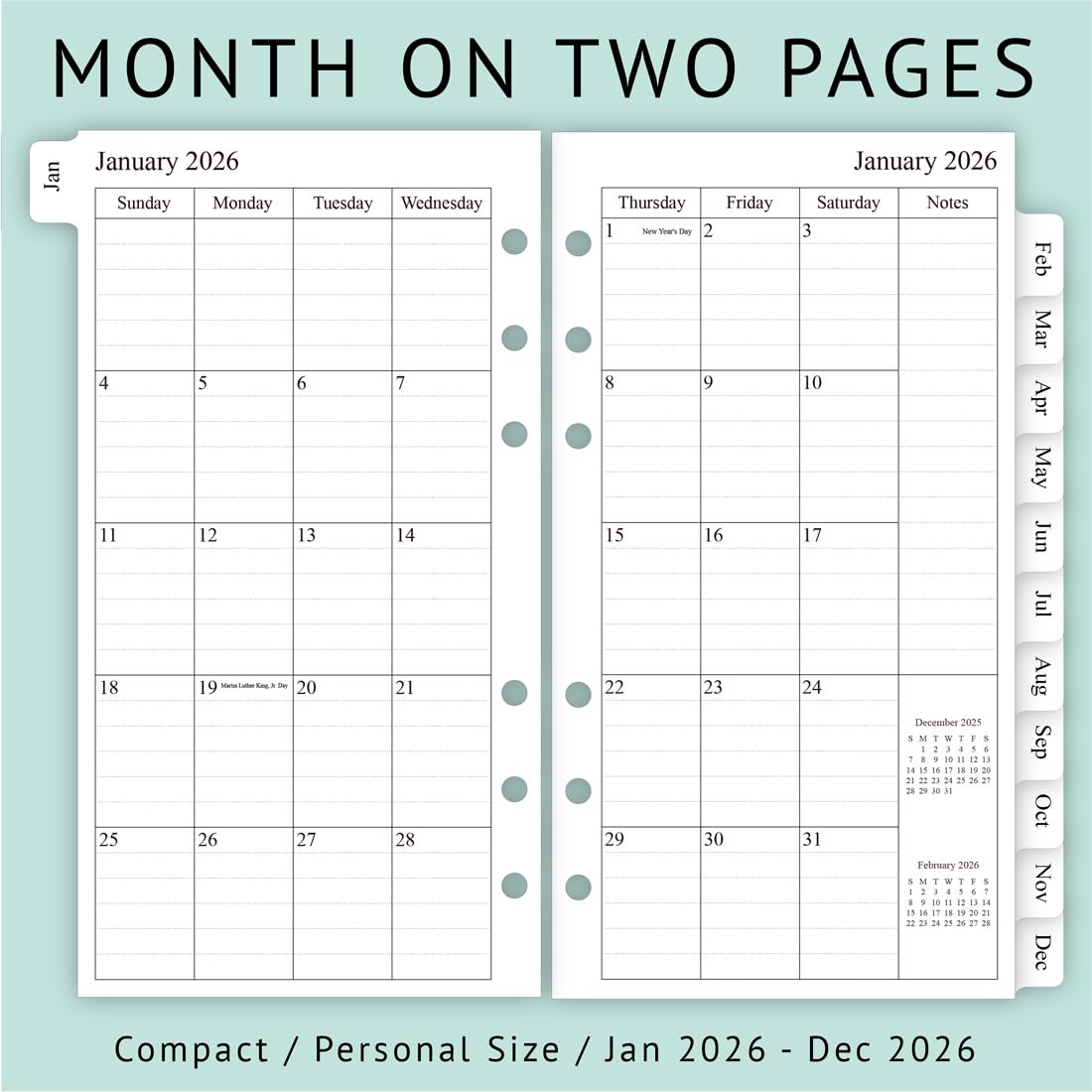 newestor 2026 Weekly & Monthly Planner Refill, 3-3/4" x 6-3/4", January 2026 - Dec 2026, Personal/Compact/Size 3