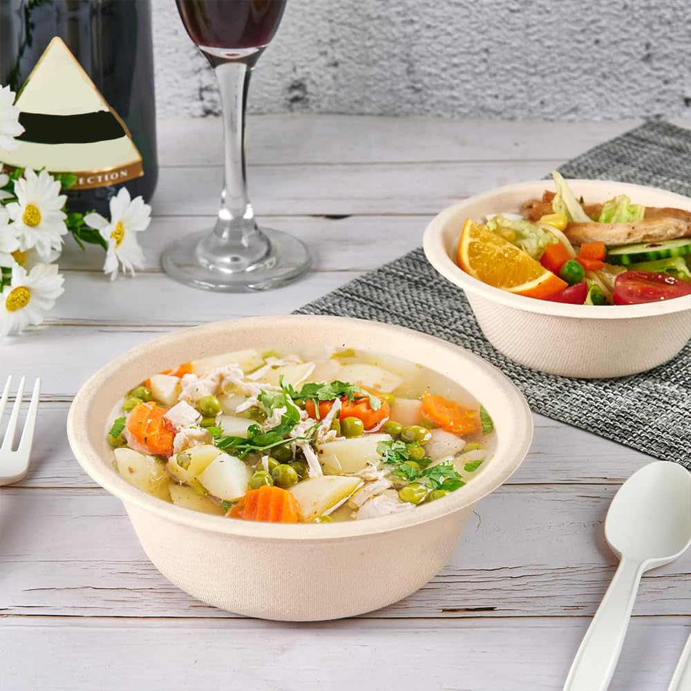 160 Pcs 12 Oz Paper Bowls Compostable Biodegradable Disposable Soup Bowls Bulk Duty Round Eco Friendly Sugarcane Bowls Hot Cold Food Plates and Bowl for Salad Dessert Camping Set (160, 5.31*1.69inch)
