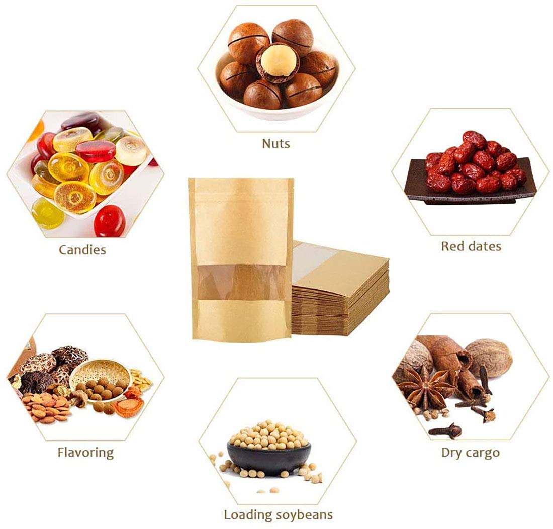 SONYANG 100 Pcs Kraft Paper Bags with Window Stand Up Pouches Bags, Zip Lock Food Storage Bags for Packaging Products, Reusable, Sealable (Brown, 5.5x7.9 inch)