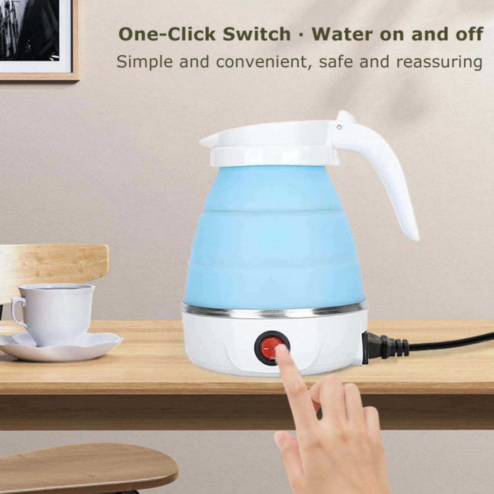 MICOKAY Portable Electric Kettle, Travel Foldable Kettle with Silicone Electric, Insulation Heating Boiler Tea Pot for Camping, 600ml (Blue)