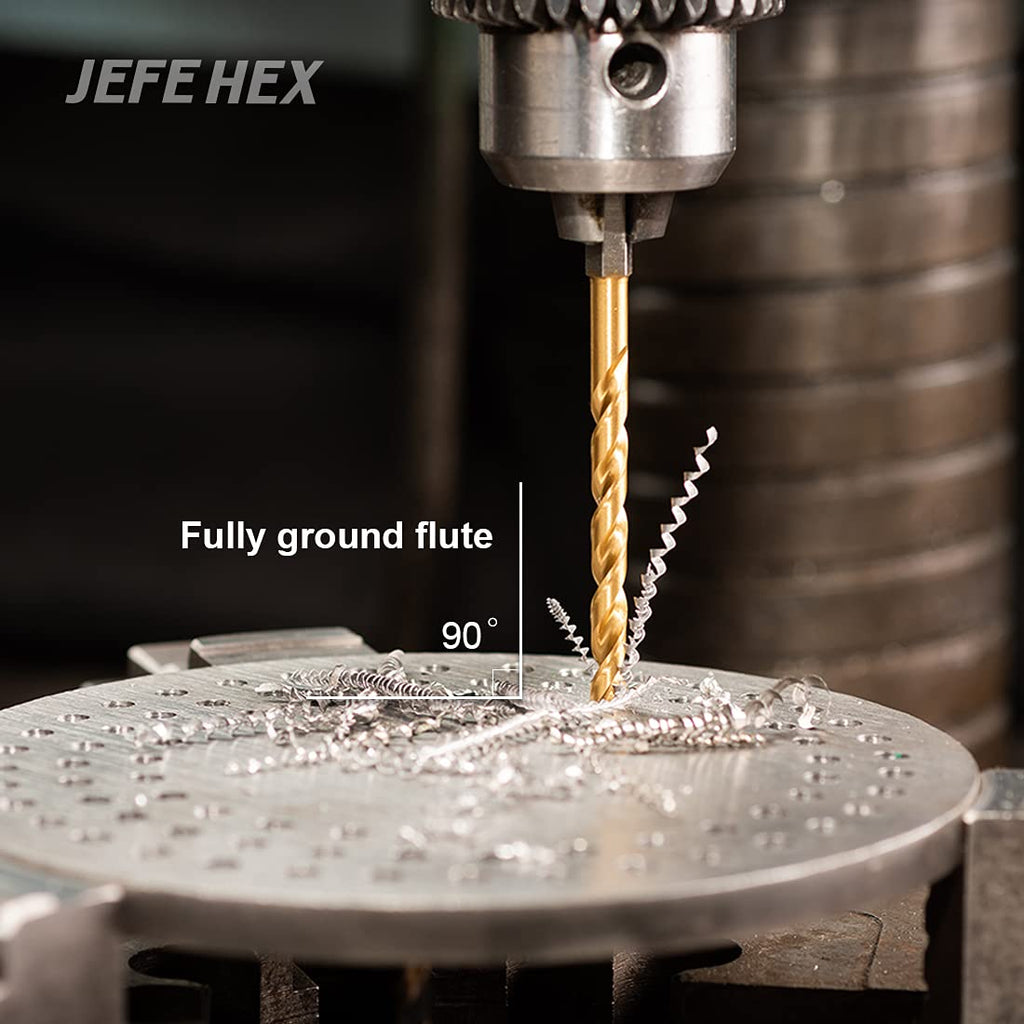 JEFE HEX 13-Piece Drill Bits Set-1/16" 5/64" 3/32" 7/64" 1/8" 9/64" 5/32" 11/64" 3/16" 13/64" 7/32" 15/64" 1/4", Hex Shank Drill Bit Set for Quick Change, Titanium HSS Twist Drill Bits, 135 Degree Easy Cut Split Point, Ideal for Wood, Steel, Copper, Alumi