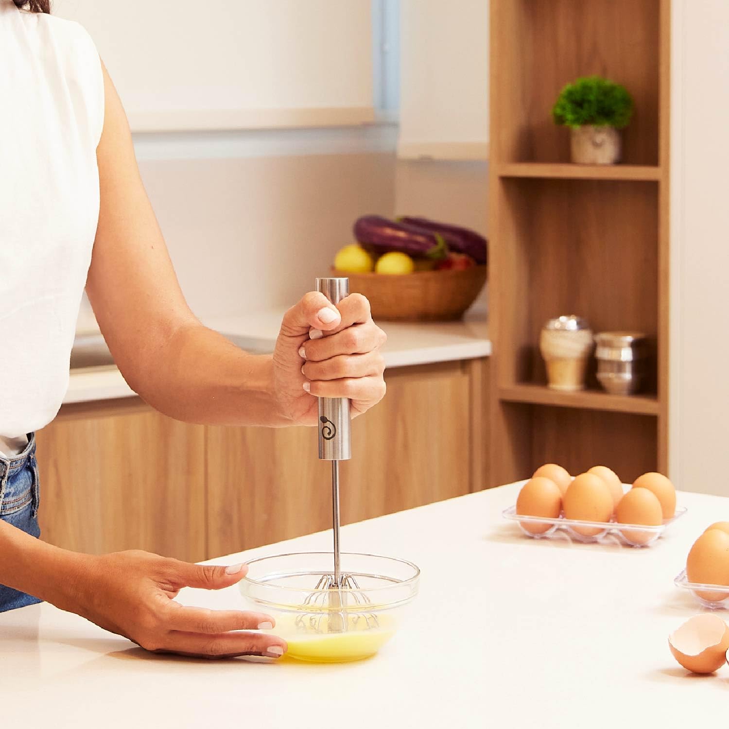 Stainless Steel Egg Whisk - Easy to Use Semi-Automatic Push-Down Zip Whisker - Rotary Hand Mixer for Beating Eggs, Frothing Milk, Blending, Mixing, Whipping Smoothies & Shakes - 2 Pack (12 &14 Inch)
