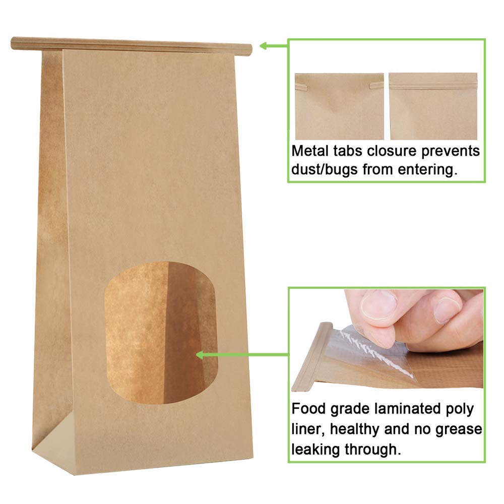 BagDream Cookie Bags 50 Pcs 4.5x2.36x9.6 Inch Brown Kraft Paper Bags with Window, Tin Tie Tab Lock, Recyclable Treat Bags for Coffee Bean, Bread, Muffin, Popcorn, Party, Wedding