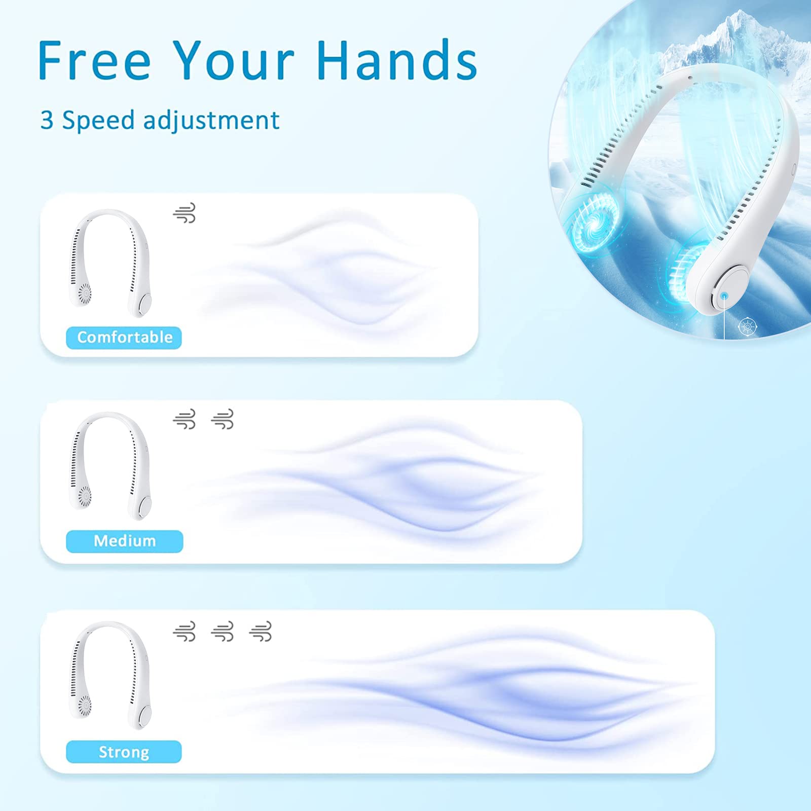 Portable Neck Fan, Rechargeable Personal Neckband Hands Free Bladeless Fan, 360° Surround Vaneless Hanging Neck Fans with 3 Speeds Adjustable for Men Women Home Office Travel, Faster Cooling (White)
