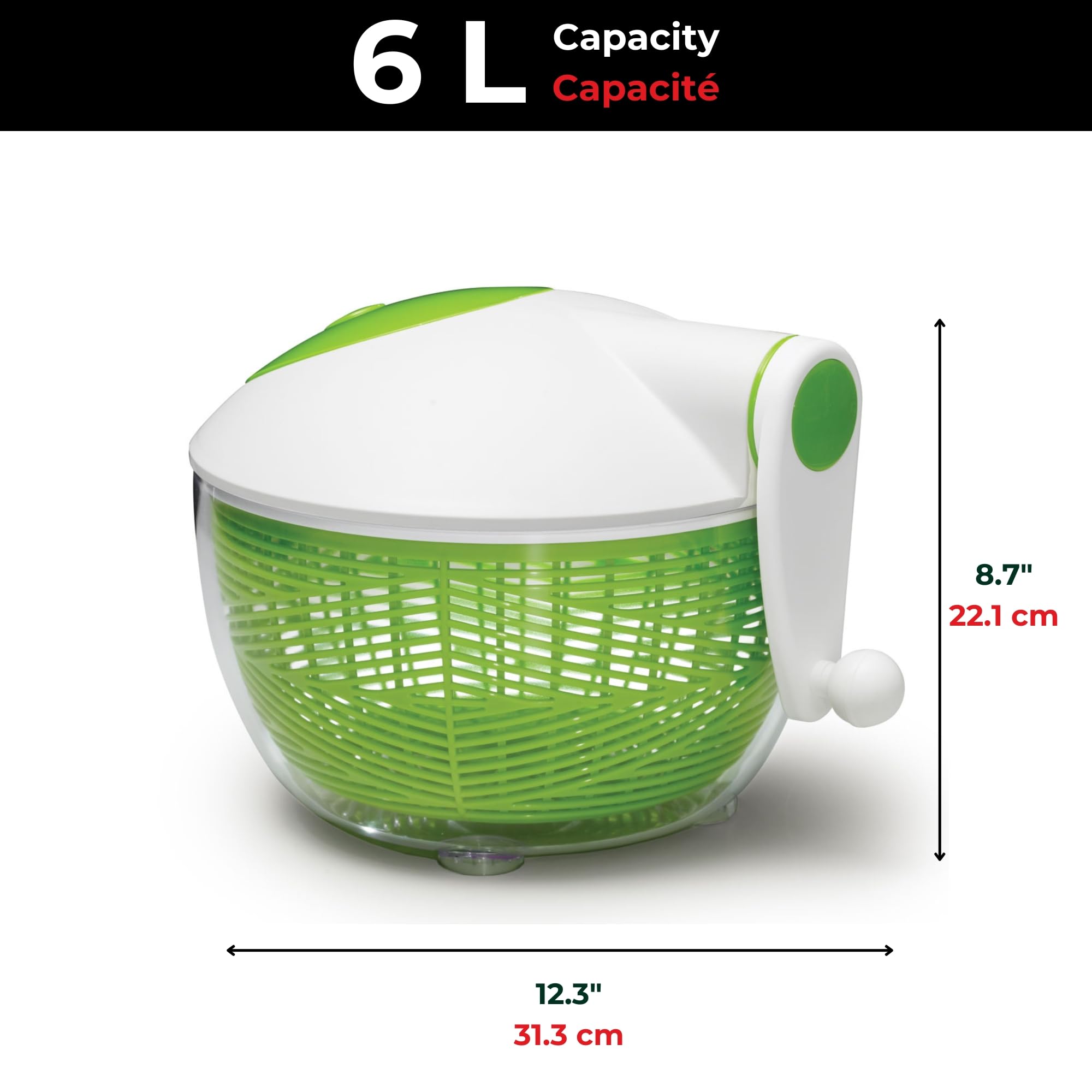 Starfrit Salad Spinner with Ergonomic Side Handle - Large Capacity 6L - Bowl Can Be Used for Serving - Stopper Button