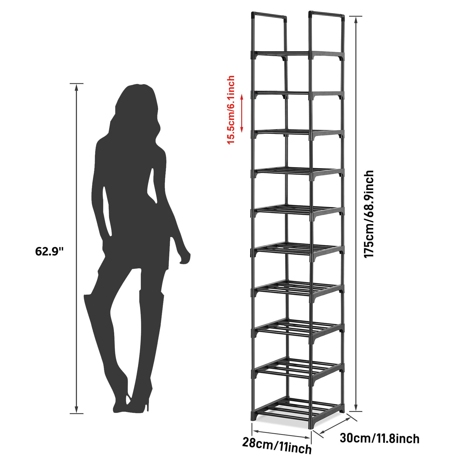Olyzer 10 Tier Shoe Rack, Narrow Shoe Organizer, Space Saving,Vertical Shoe Stand Shelf for Living Room, Bedroom, Closet, Entryway, Grocery Room, 12.2'' x 12.2'' x 68.9''
