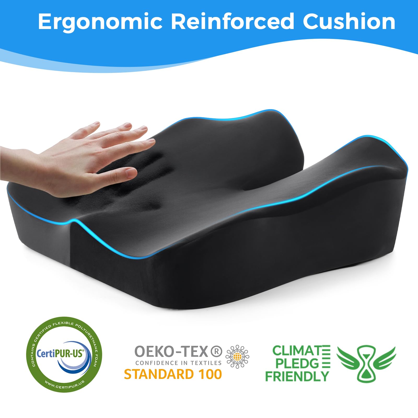 Ergonomic Memory Foam Seat Cushion – Tailbone & Lower Back, Coccyx Support, Office Chair & Car Seat Cushion, Travel & Wheelchair Pad, Breathable, Non-Slip Pressure Ease & Posture Support