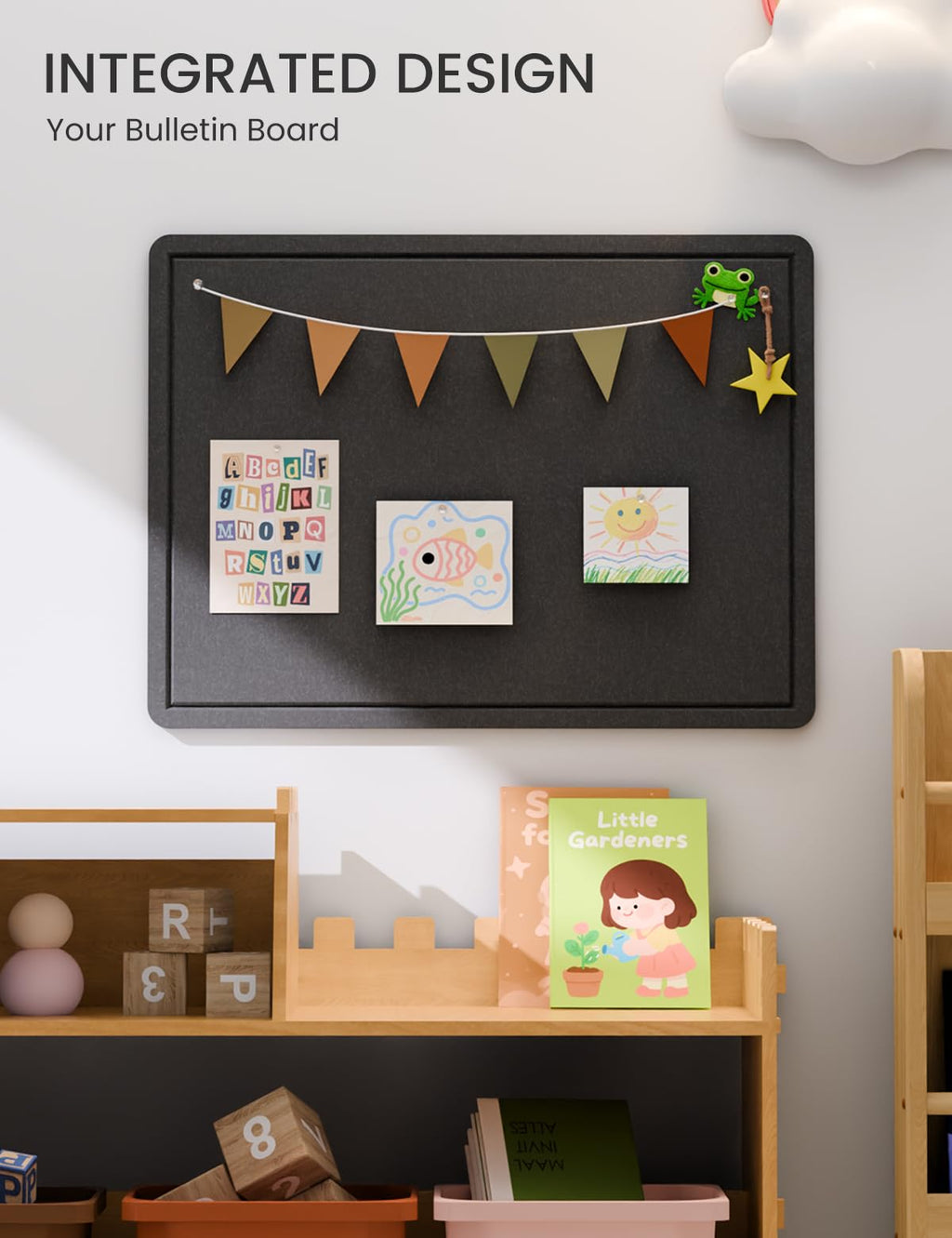 Fluxynara Bulletin Board, 23.6" x 17.5" Cork Board Alternative with 12 Safe Removable Adhesive Tabs, Foldable Felt Pin Board for Home Office, Classroom, Bedroom,Entryway for Walls— Black