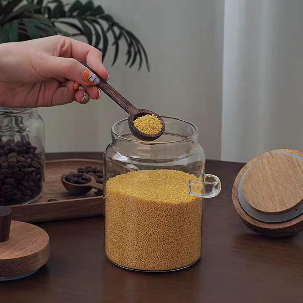Piscepio Glass Jars with Wooden Lids and Spoons set of 3, Clear Glass Coffee Containers with Scoop Decorative Kitchen Food Storage Jars for Coffee Beans,Tea,Nut,Candy, Sugar,Bath Salts(17OZ/22OZ/27OZ)