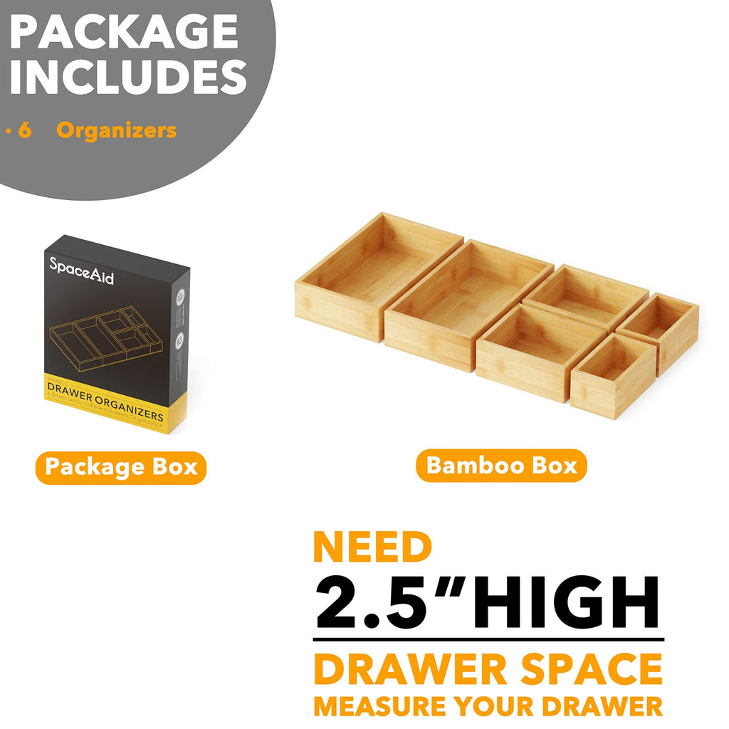 SpaceAid 6 Pcs Bamboo Drawer Organizer Storage Box Set, Multi-Use Drawer Organizer Bin for Kitchen, Bathroom, Office Desk and Makeup (6 Boxes)