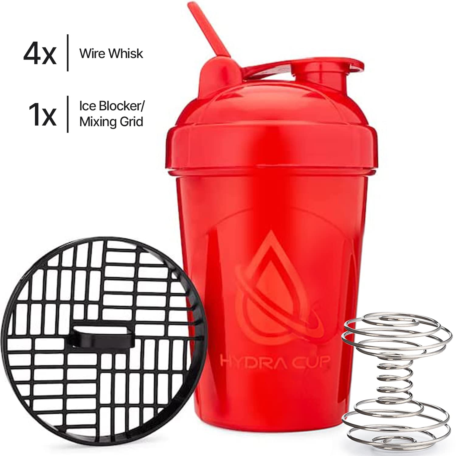 Hydra Cup - [4 Pack] 20-Ounce Shaker Bottle with Wire Whisk Balls, Max Value Protein Blenders, By Hydra Cup (Yellow, Blue, GITD, Red)