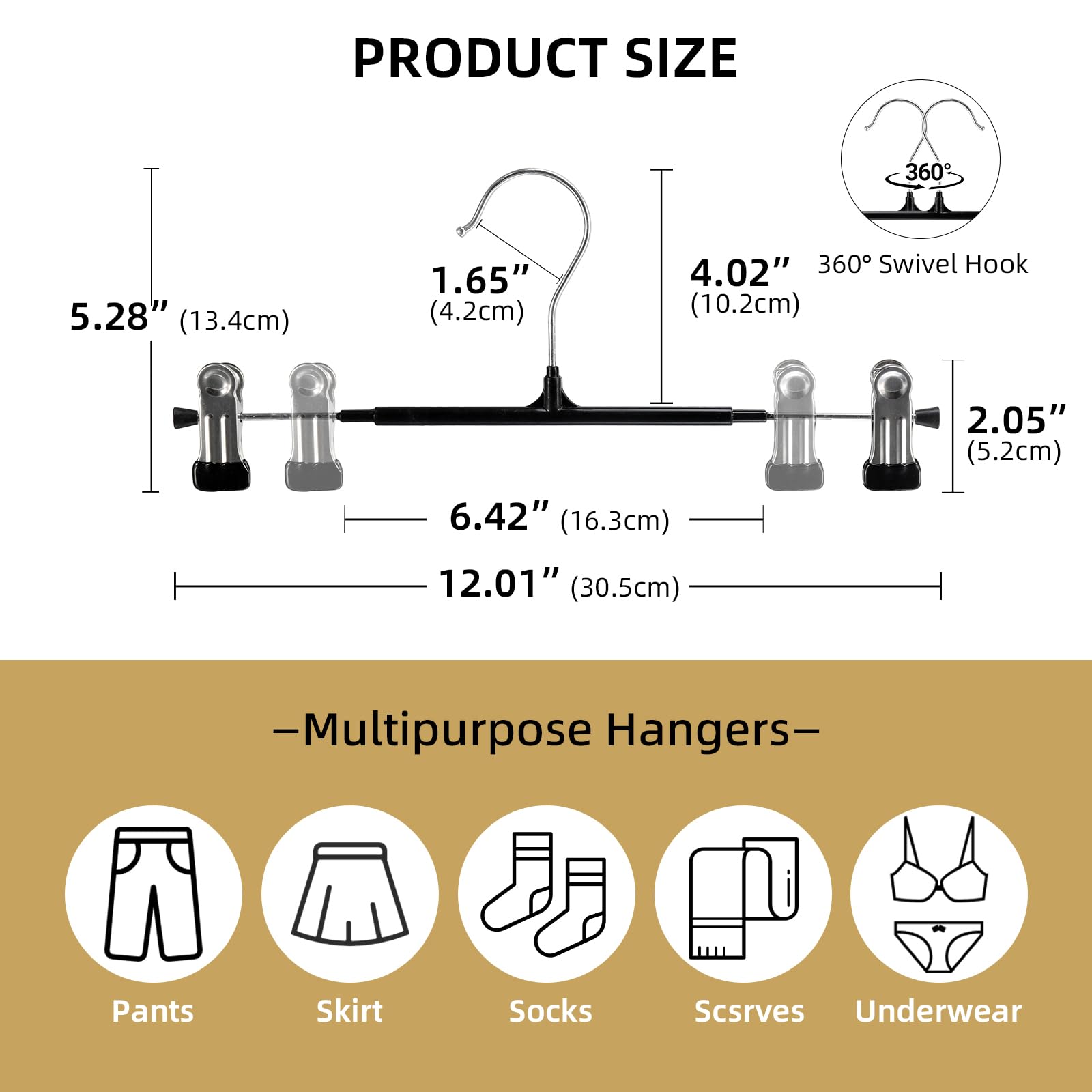 30 Pack Pants Hangers with Clips, 12 Inch Adjustable Skirt Hangers, Space Saving Non-Slip Clip Hangers with 360° Swivel Hook for Jeans, Shorts, Socks, Scarves