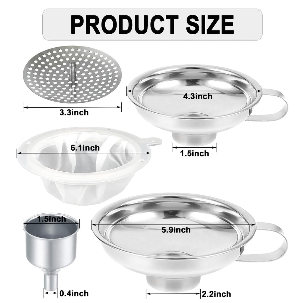 Lmoszuak Stainless Steel Canning Funnel Set, Wide Mouth Funnel for Regular Mason Jar, 2pcs (2 Large, 2 Small Funnels, Strainer, Mesh, Dispensing Funnel)