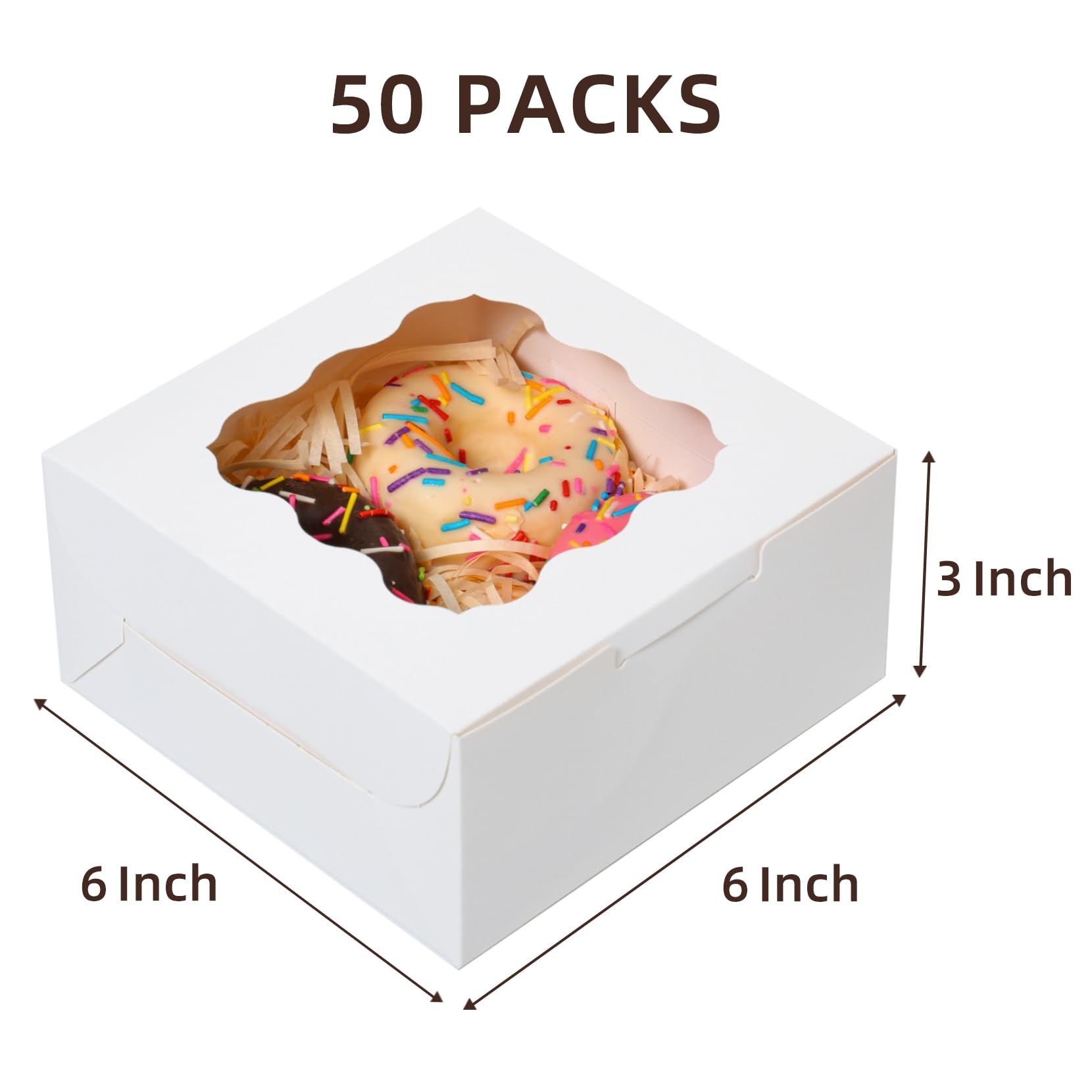 50 Pcs White Bakery Boxes with Window, 6x6x3 inches Cookie Boxes Macaroon Boxes Small Treat Boxes Mini Cake Boxes for Dessert, Pastry, Sturdy Take Out Container for Party Wedding Favor
