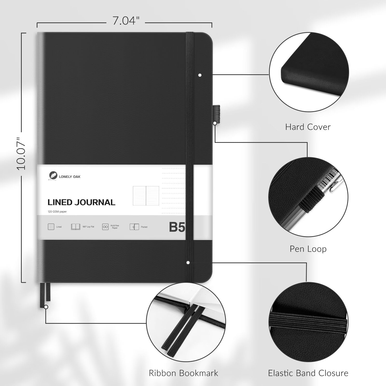 Lonely Oak Lined Journal Notebook, B5 Hardcover Lined Notebook for Women & Men, 120GSM Acid-Free Paper with Leather Hardcover and Inner Pocket, Daily Diary Journal for Work(Black)