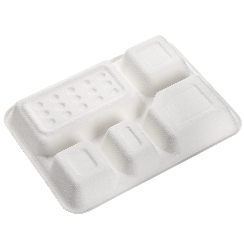 Hacaroa 50 Pack 5-Compartment Compostable Paper Plates, Natural Disposable Bagasse School Lunch Trays, Deep Divided Plates for Party, Picnic, Biodegradable, White