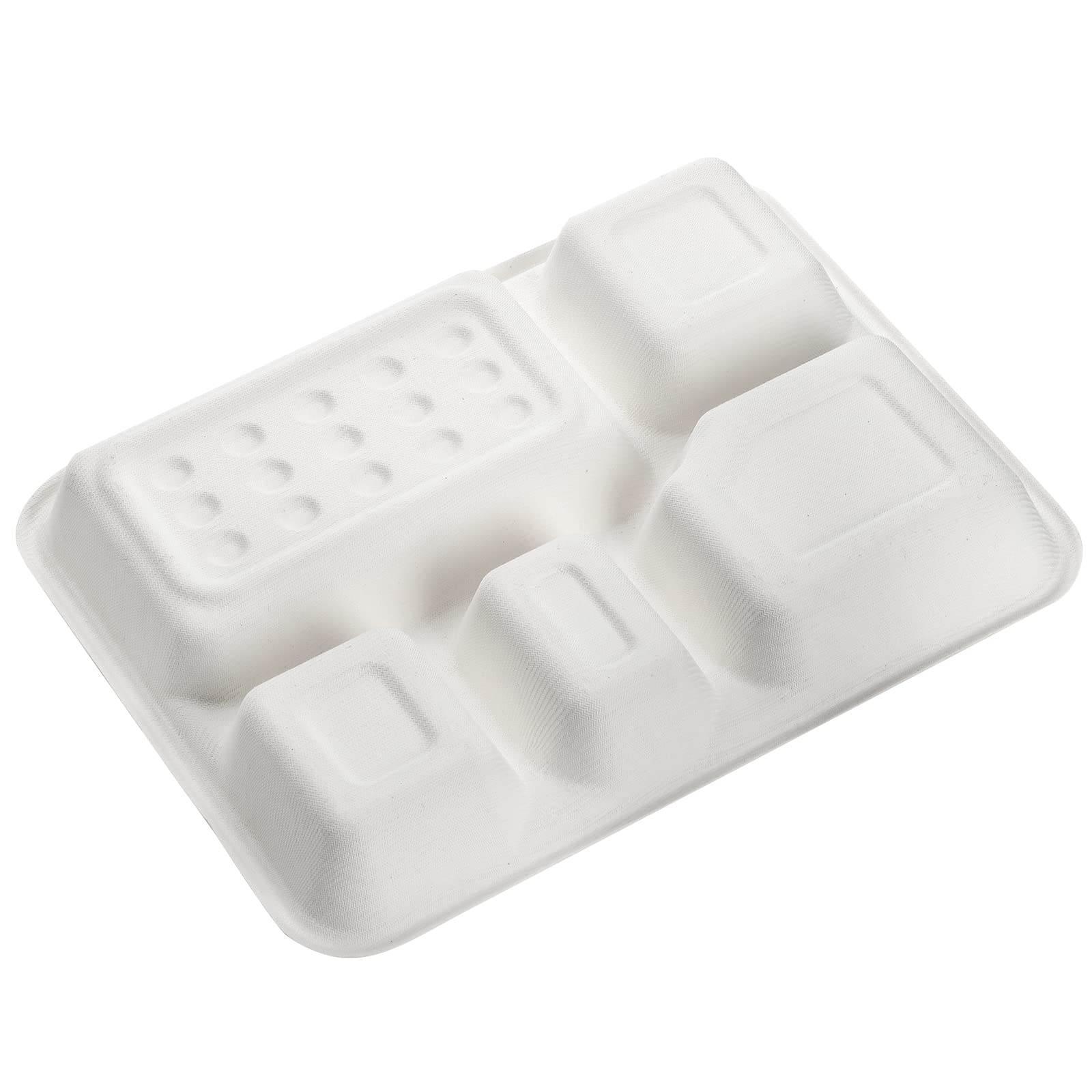 Hacaroa 50 Pack 5-Compartment Compostable Paper Plates, Natural Disposable Bagasse School Lunch Trays, Deep Divided Plates for Party, Picnic, Biodegradable, White