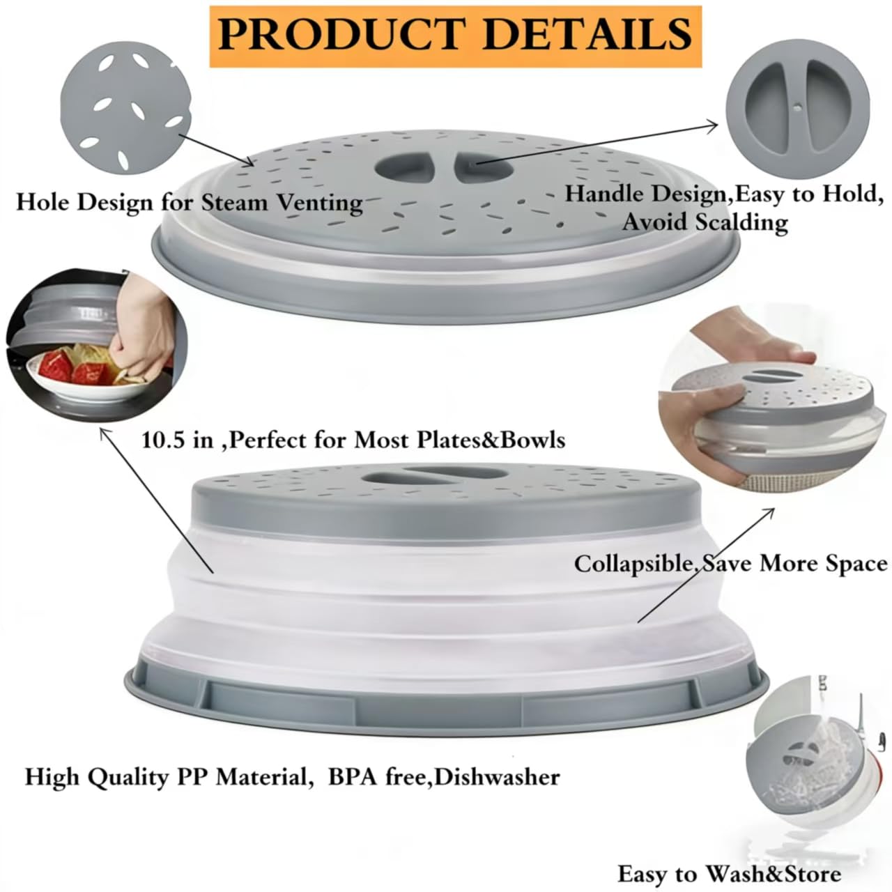 Microwave Splatter Cover 2pc Collapsible Microwave Plate Cover for Food Collapsible Microwave Cover with Steam Vents (Grey)