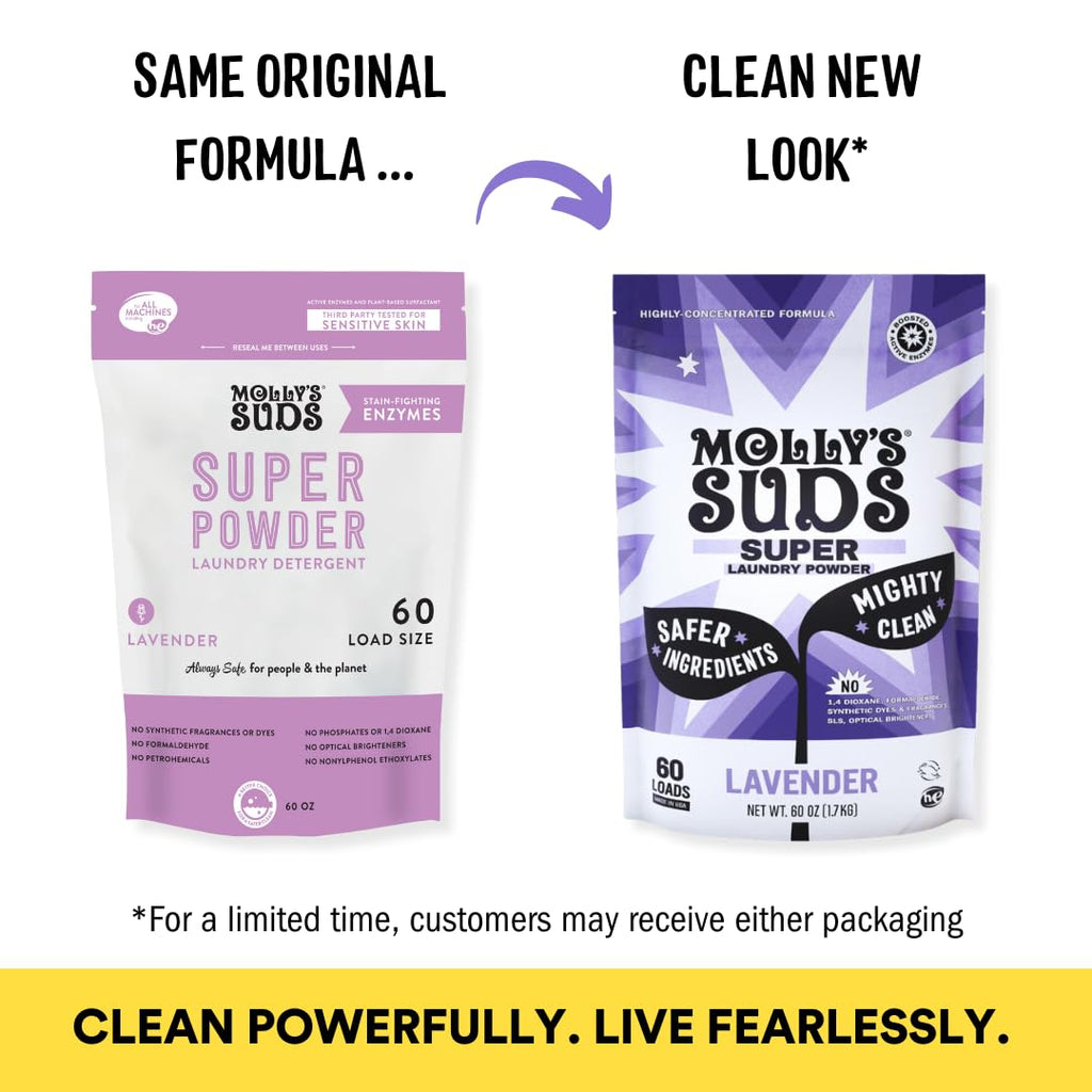 Molly's Suds Super Powder Detergent | Natural Extra Strength Laundry Soap, Stain Fighting & Safe for Sensitive Skin | Earth Derived Ingredients | Lavender Scented, 60 Loads