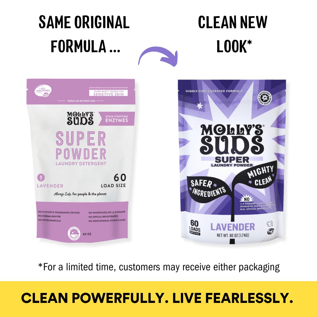 Molly's Suds Super Powder Detergent | Natural Extra Strength Laundry Soap, Stain Fighting & Safe for Sensitive Skin | Earth Derived Ingredients | Lavender Scented, 60 Loads