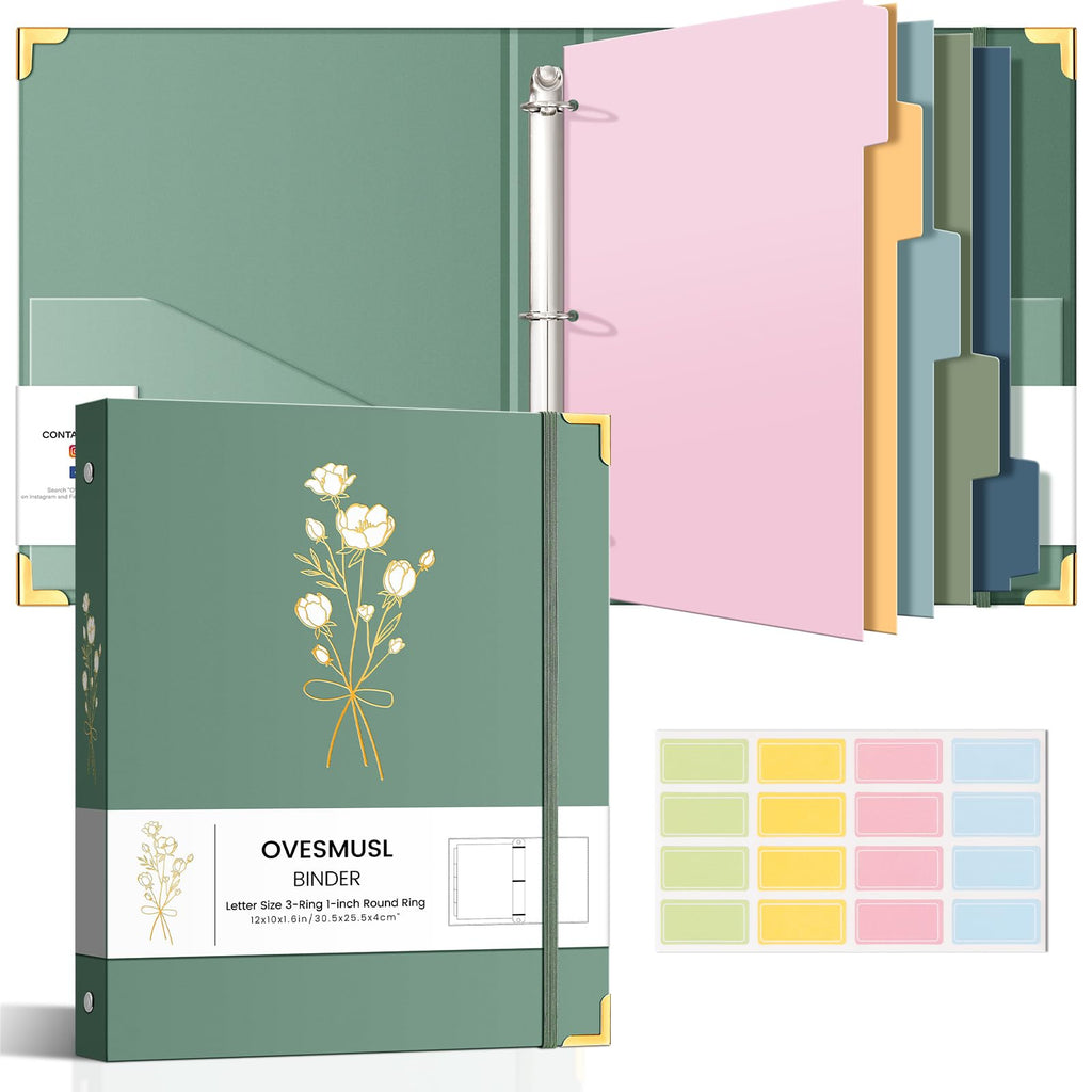 Aesthetic 3 Ring Binder 1 Inch Cute Three Round Rings Binders with Dividers Suitable for 8.5 x 11 Letter Size Paper Loose Leaf Binder with 2 Pockets for School Work