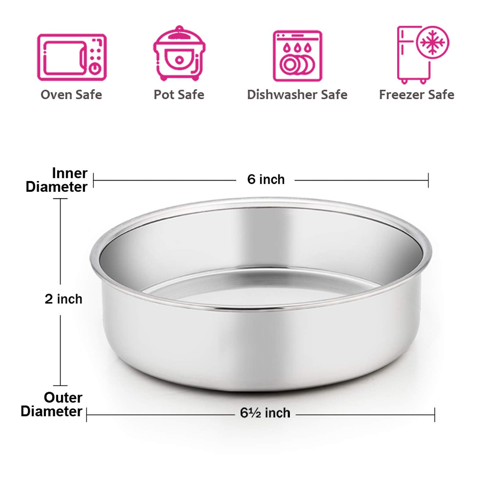 6 Inch Cake Pan Set of 3, E-far Stainless Steel Round Smash Cake Baking Pans, Non-Toxic & Healthy, Mirror Finish & Dishwasher Safe