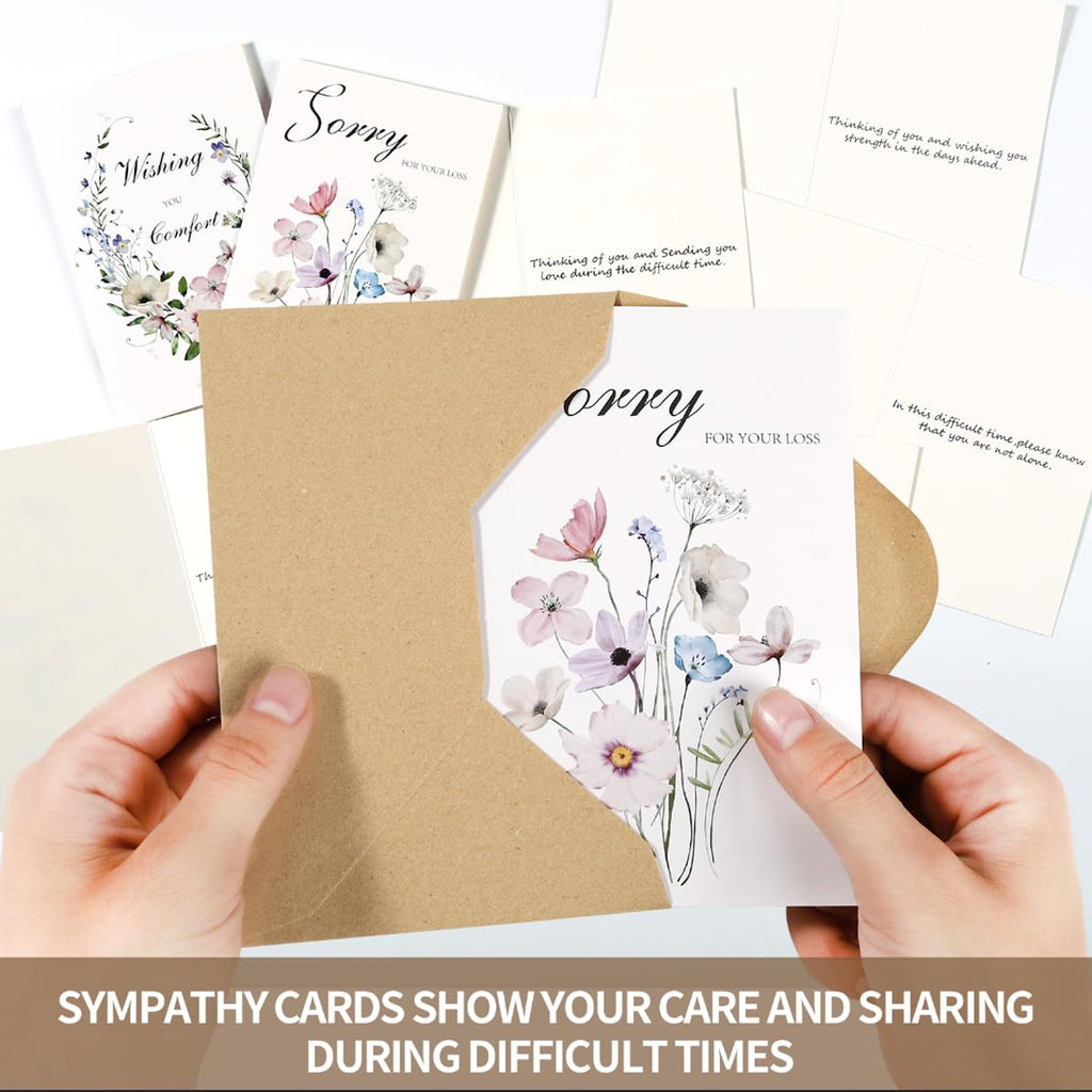 C2U Sympathy Cards with Envelopes – 20 Pack Condolence & Thinking of You Cards with Stickers – Elegant Floral Designs & Heartfelt Messages