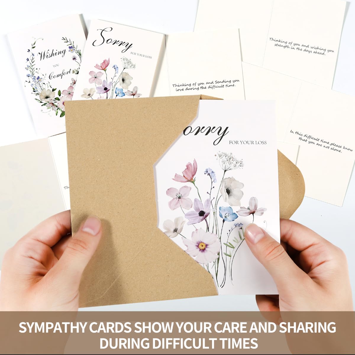 C2U Sympathy Cards with Envelopes – 20 Pack Condolence & Thinking of You Cards with Stickers – Elegant Floral Designs & Heartfelt Messages