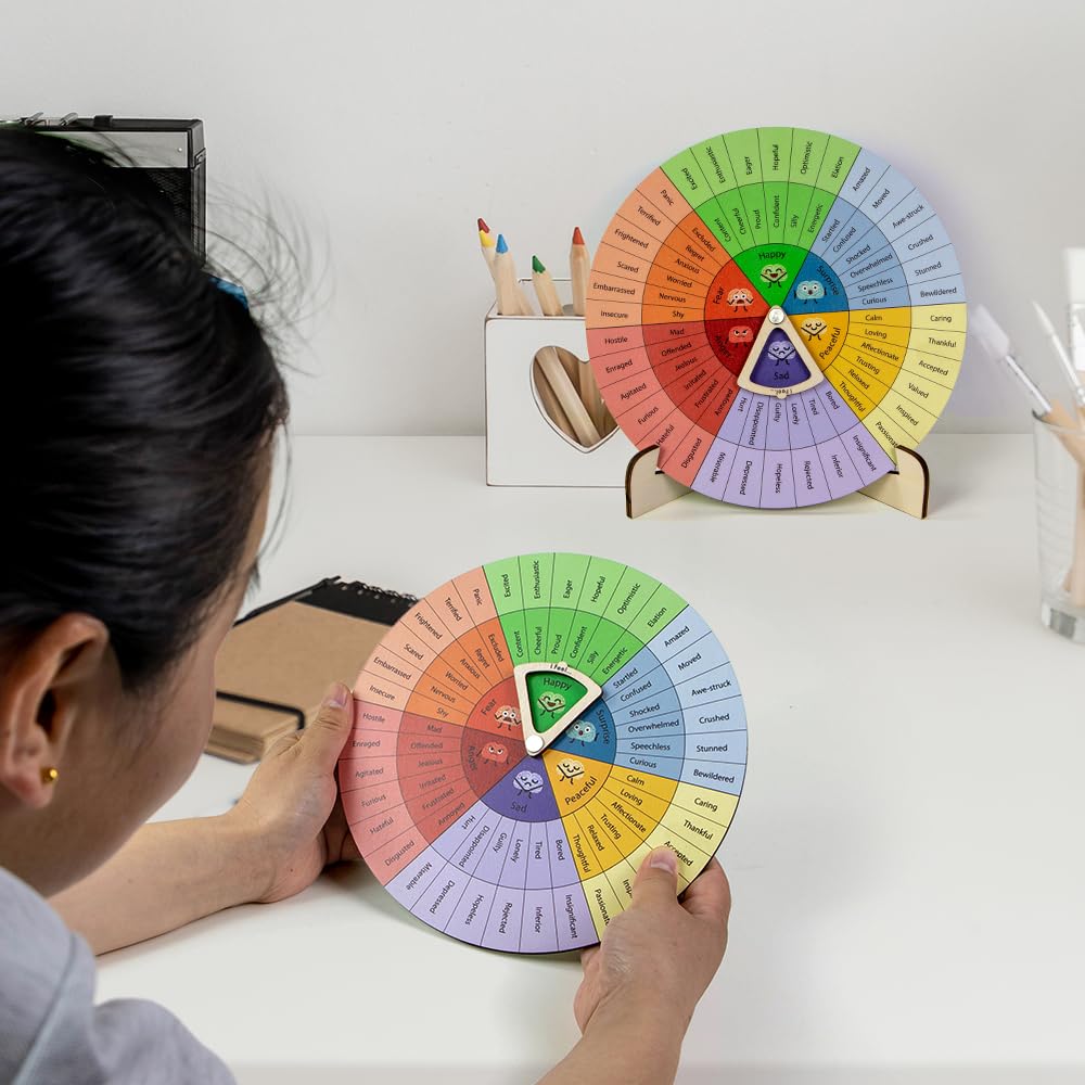 Feelings Wheel Therapy Office Desk Decor - Large Mental Health Emotions Chart with Spinning Pointer & Stand - Therapist Gifts for Home Office, Kids & Adults, Calming Tool, Emotion Wheel