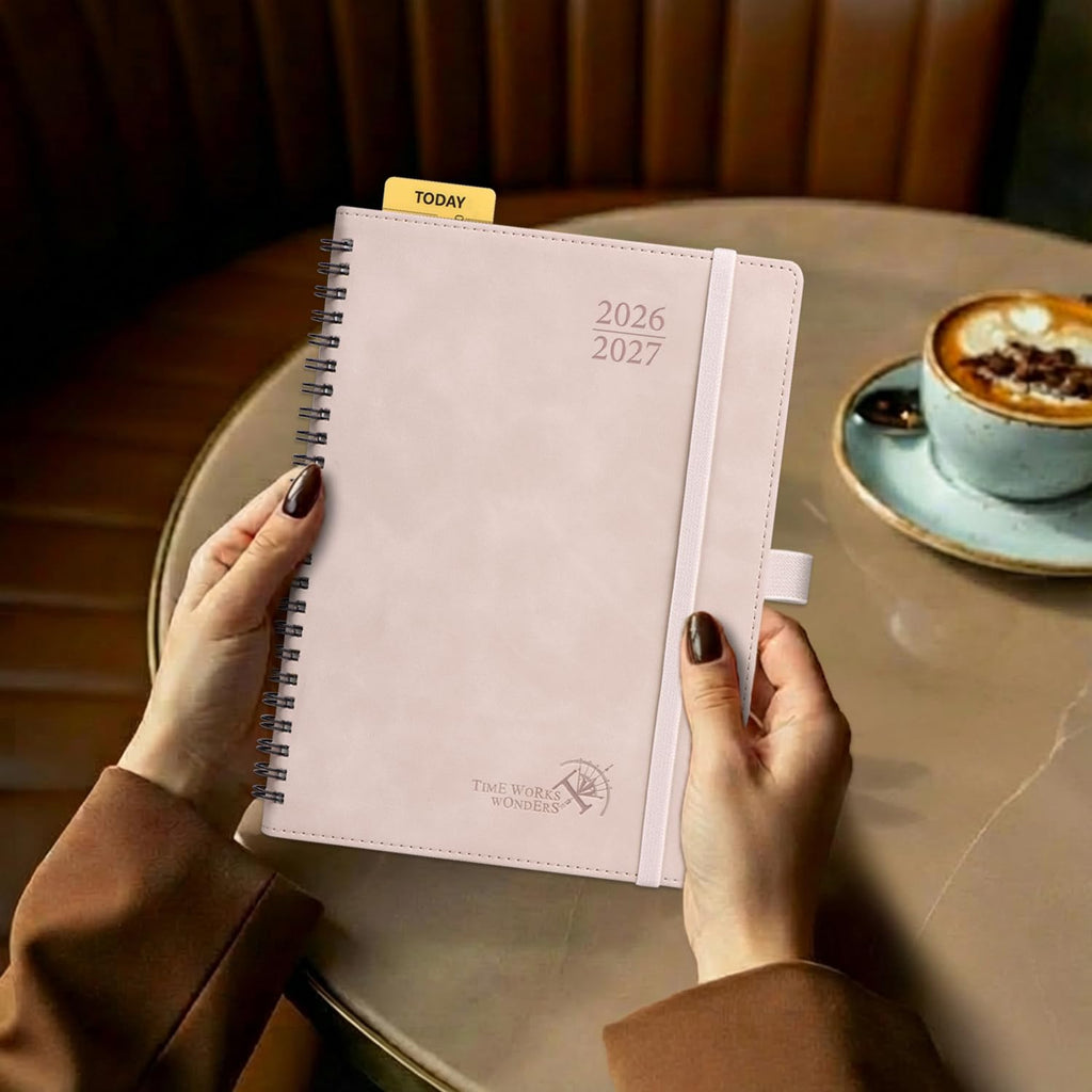 POPRUN Agenda 2026-2027 Weekly Planner Notebook (Medium-6.5"x 8.5") Academic Calendar (JUL.26 - JUN.27) Appointment Book with Monthly Tabs, Inner Pocket, Spiral Soft Cover, 100 GSM - Brown