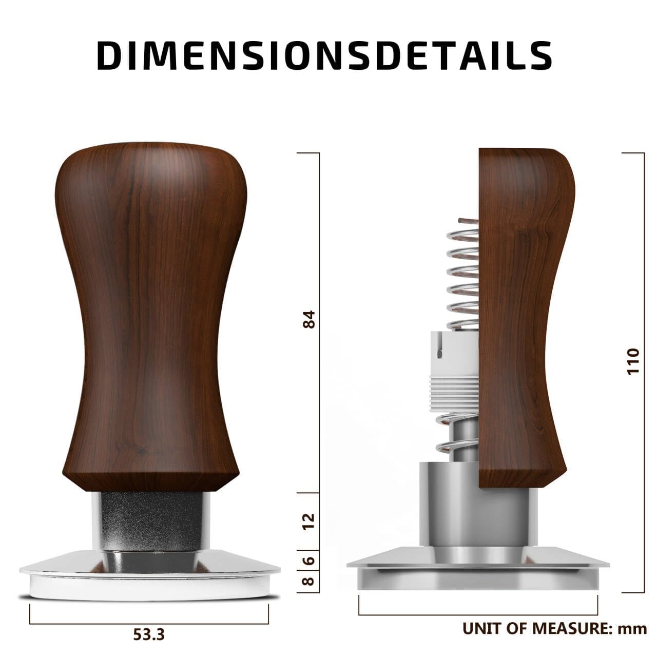 KYONANO 53.3mm Espresso Coffee Tamper, 30lb Spring-Loaded Calibrated Tamper with 304 Stainless Steel, Cuibourtia Wooden-Handle, Barista Tamper Compatiable with Over 53MM Espresso Portafilter