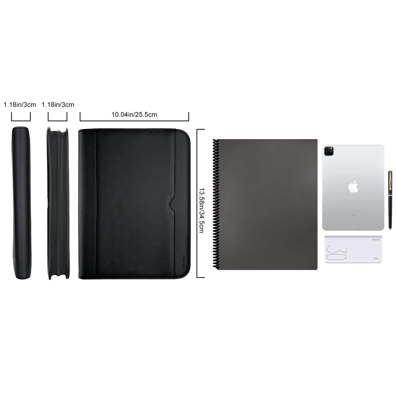 ProCase Portfolio Business Padfolio Folder with Zipper, Conference Meeting Executive File Legal Document Organizer with Pockets Letter Size A4 Writing Pad Notepad Padfolio -Black