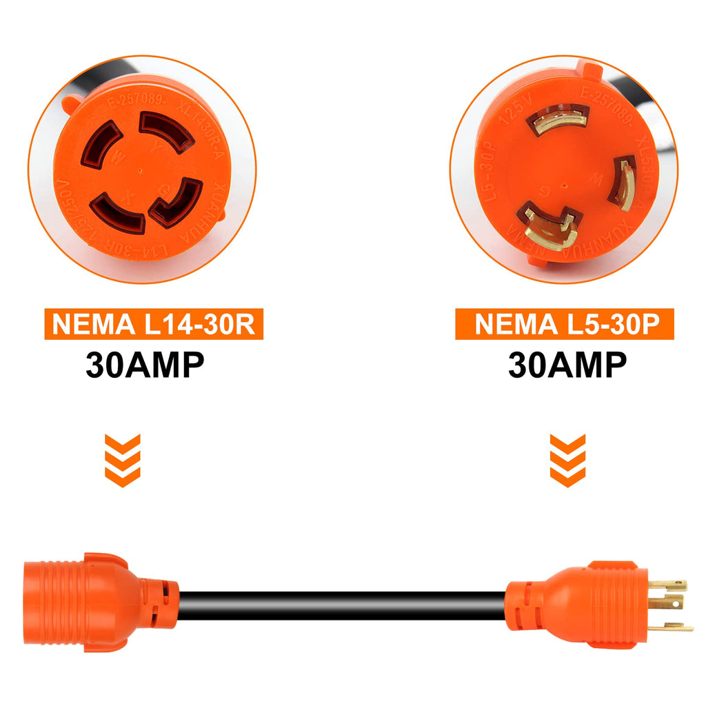 OPL5 NEMA L5-30P Male Plug to L14-30R Female 18 Inch, 4 Prong to 3 Prong Generator Plug Adapter Cord , Generator to House Inlet Box, STW 10 AWG (L5-30P/L14-30R)