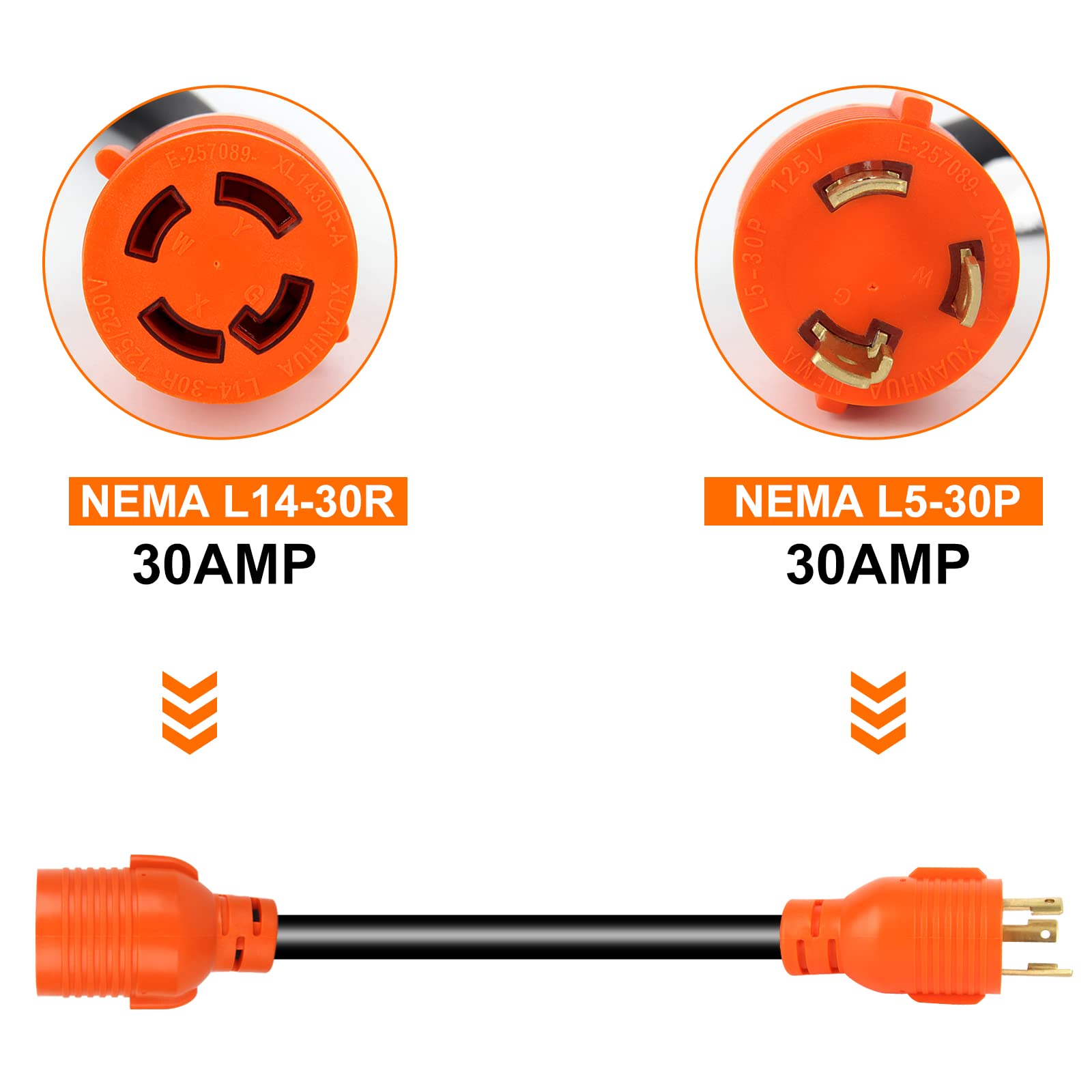 OPL5 NEMA L5-30P Male Plug to L14-30R Female 18 Inch, 4 Prong to 3 Prong Generator Plug Adapter Cord , Generator to House Inlet Box, STW 10 AWG (L5-30P/L14-30R)