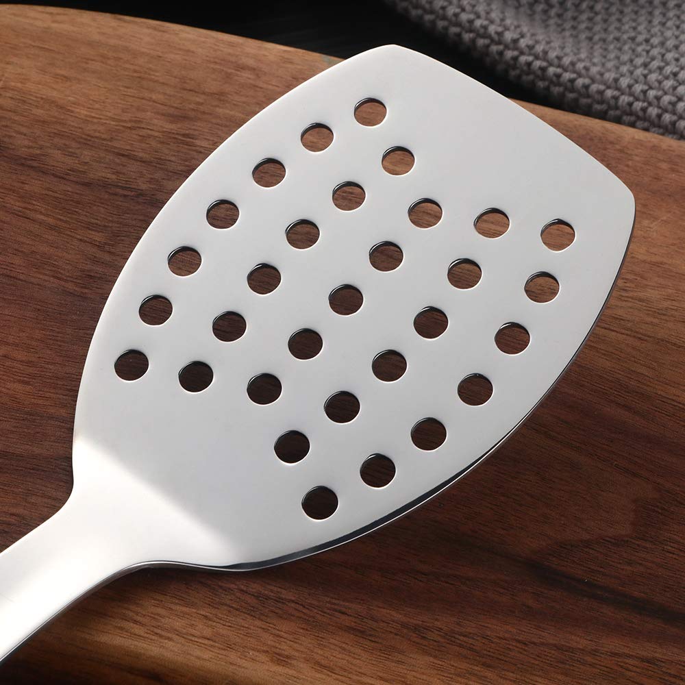QOBIMOON Stainless Steel Kitchen Utensil Set, 8-Piece One-Piece Solid Metal Cooking Tools with Hanging Holes - Includes Ladle, Slotted Spoon, Turner, Spatula, Masher - Dishwasher Safe
