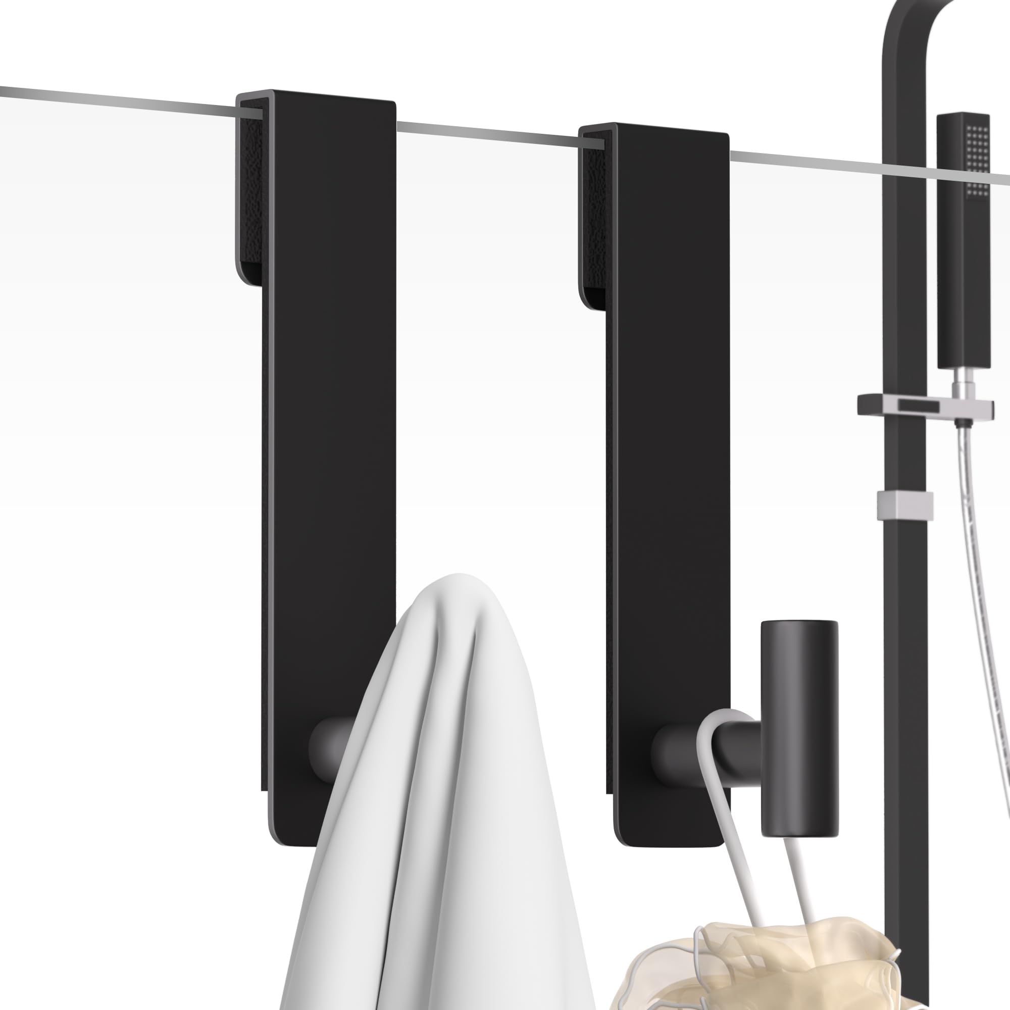 PMMASTO Shower Door Hooks, (7.5 Inch) Extended Over Door Hooks for Bathroom Frameless Glass, Stainless Steel Bath Towel Hooks, Heavy Duty Towel Hanger Rack (Black 2 Pack)