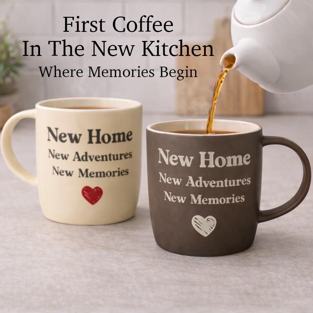 Triple Gifffted Housewarming Coffee Mug Set for New Home, Adventures, Memories, House Warming Couples Gift for New House Homeowners, Moving in Away or First Home Gifts, 13oz Ceramic