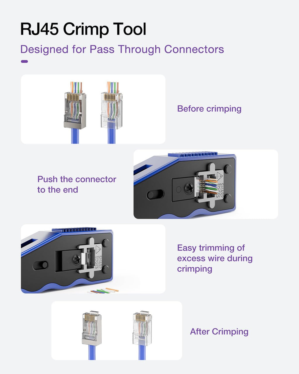 VCE RJ45 Crimper Pass Through, Ethernet Crimping Tool for Cat6 Cat7 Cat5 End Pass-Thru Connector, Support Stripping & Cutting