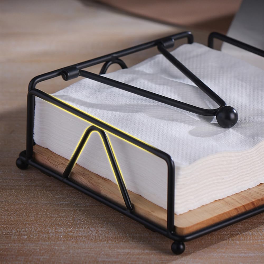 Napkin Holders for Tables, Elegant Flat Cocktail Napkin Holder with Wooden Base, Metal Tabletop Serviette Tray for Kitchen, Countertops, Outdoor Tables (Black)