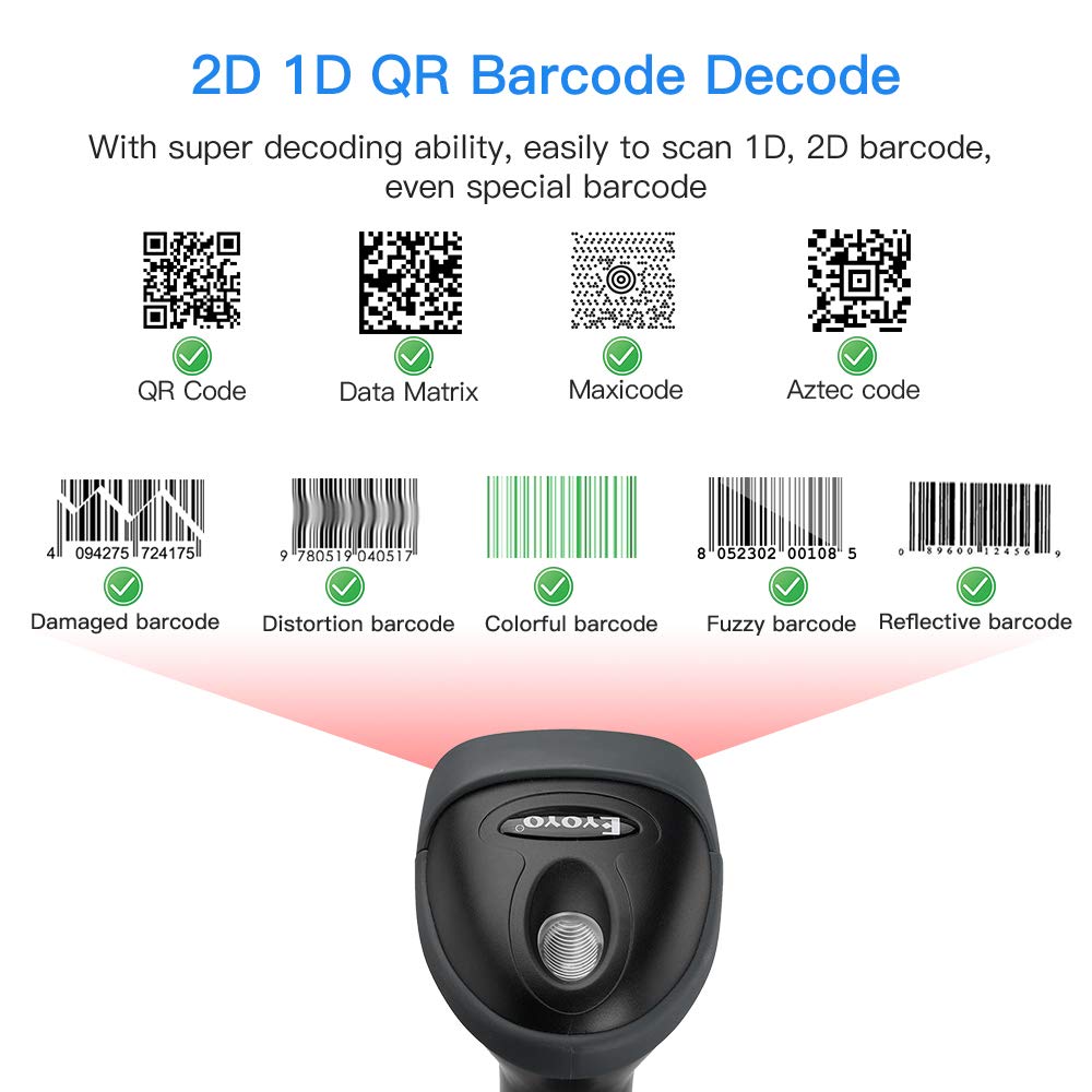 Eyoyo Handheld USB 2D Barcode Scanner, Wired Automatic QR Code Scanner PDF417 Data Matrix Bar Code Reader with Long USB Cable for Mobile Payment, Library Book Convenience Store, Supermarket, Warehouse