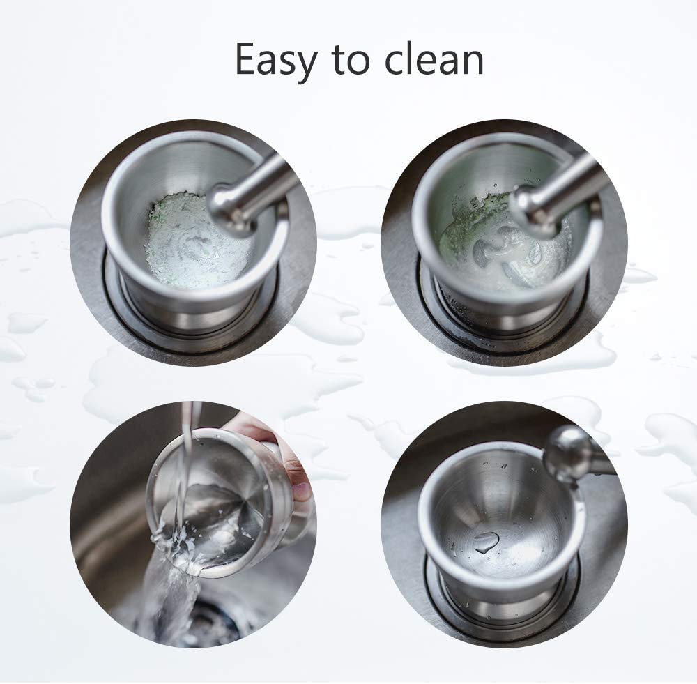 Tera 18/8 Stainless Steel Mortar and Pestle with Brush,Pill Crusher,Spice Grinder,Herb Bowl,Pesto Powder 250ml