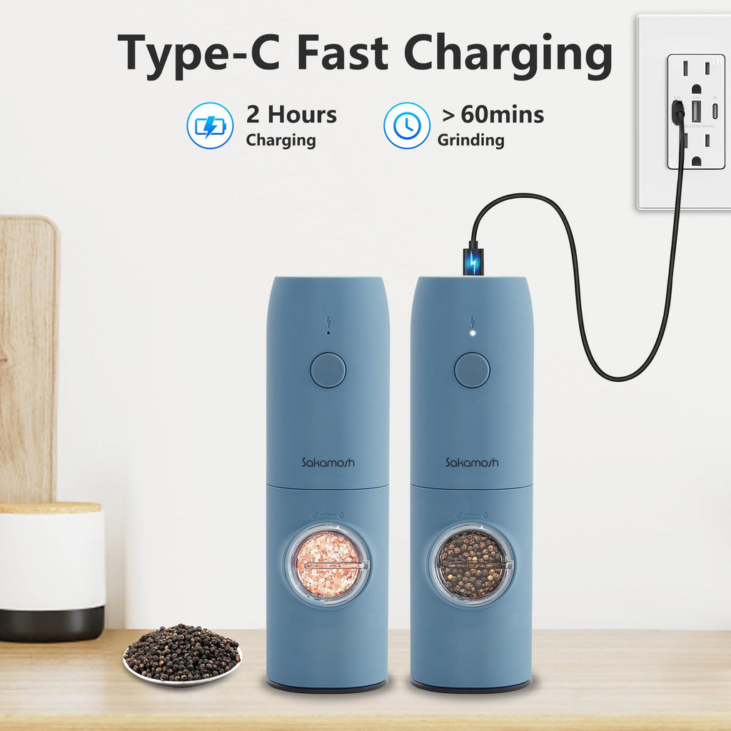 SAKAMOSH Electric Salt and Pepper Grinder Set, Rechargeable,Adjustable Coarseness with LED Light, Electric Salt and Pepper Shakers Refillable(2 Packs, Blue)