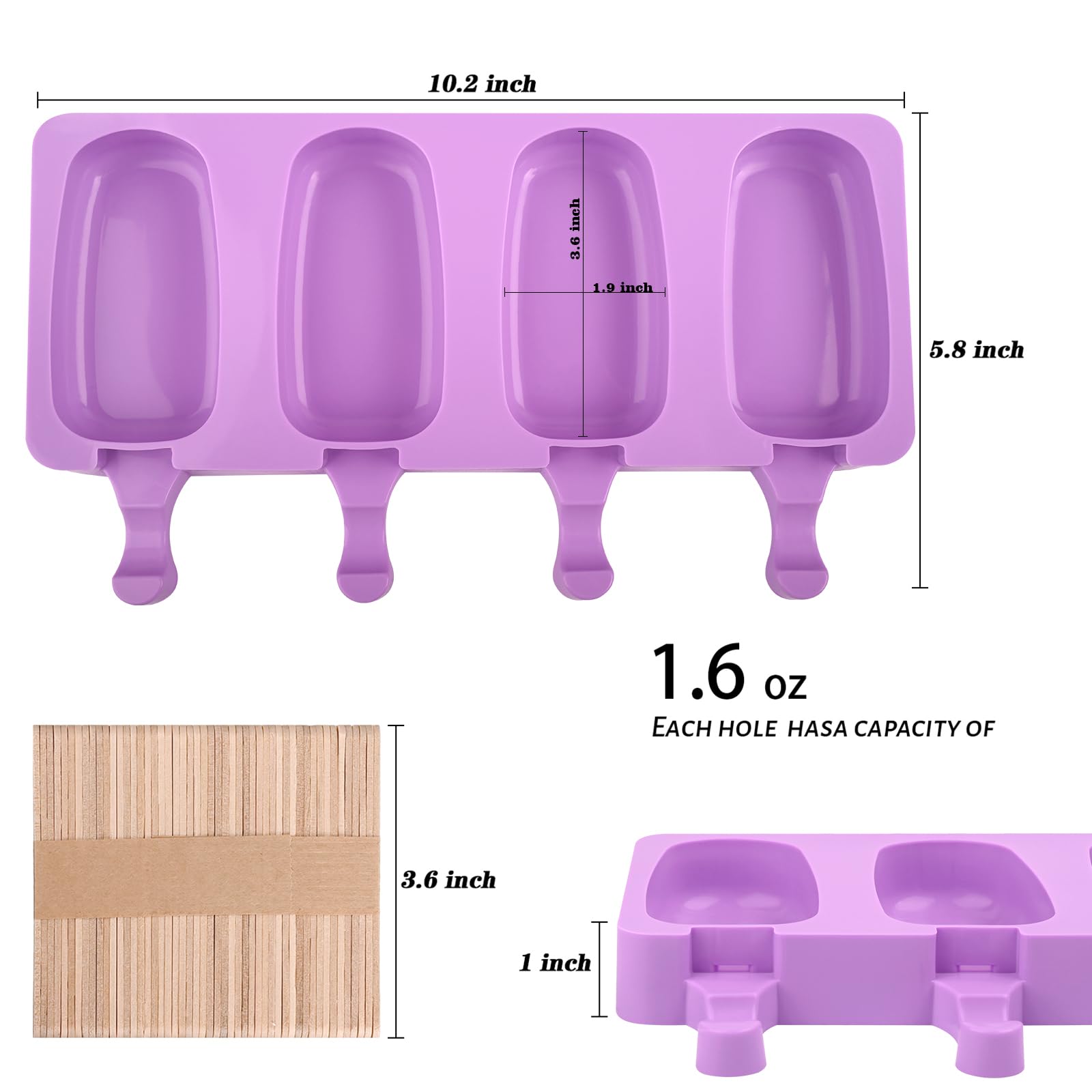 WMKGG Popsicle Silicone Molds Set, 2 PCS Ice Cream Molds with 50 Wooden Sticks for Cake Pop, Ice Pop, Cakesicles (Standard Size/Purple)